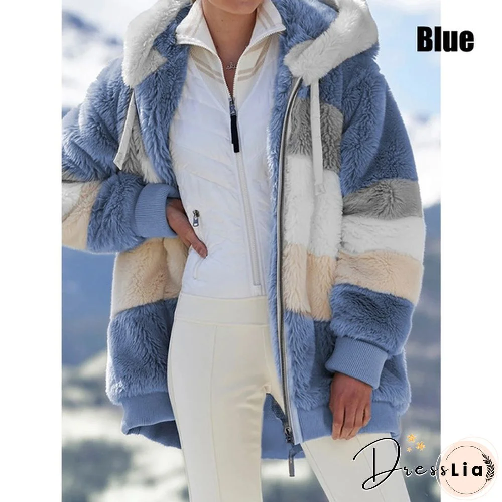 New Trend Women's Fashion Jacket Hooded Winter Warm Plush Loose Jacket for Women Patchwork Winter Outerwear Faux Fur Zipper Ladies Parka Coat Plus Size 6 Colors