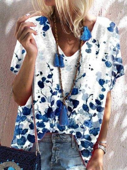 Women's Summer Floral Printed Casual V Neck Short Sleeve Shirts & Tops