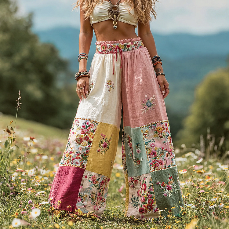 VChics Women's Vintage Floral Patch Art Linen Casual Wide Leg Pants