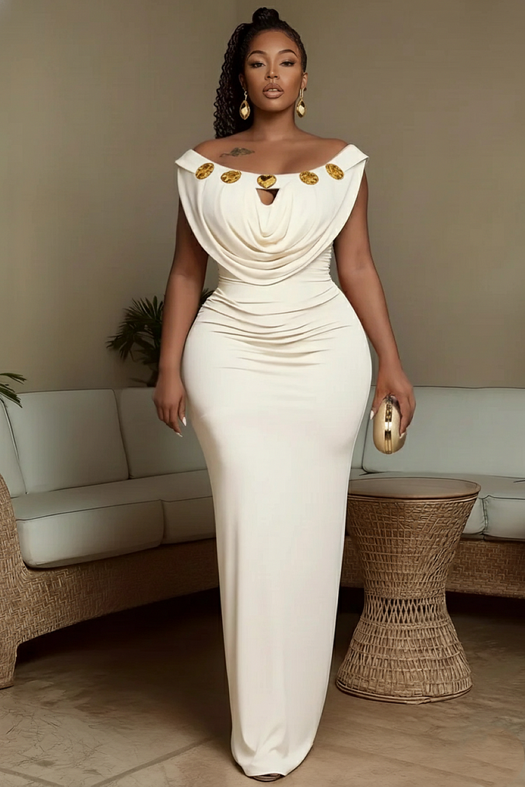 Cowl Boat Neck Alloy Decor Slim-Fit Party Maxi Dresses-White [Pre Order]