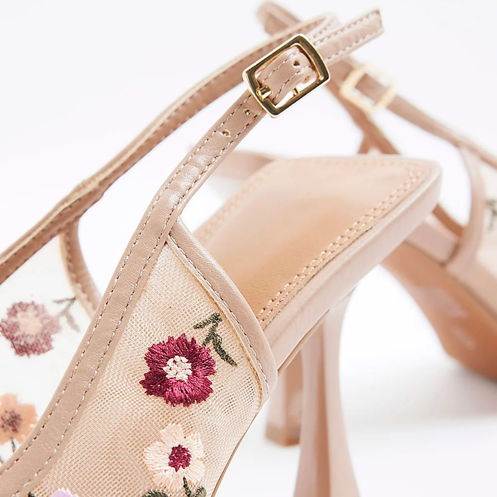 Chic Nude Mesh Pointed Toe Flower Embroidered Slingback Pumps