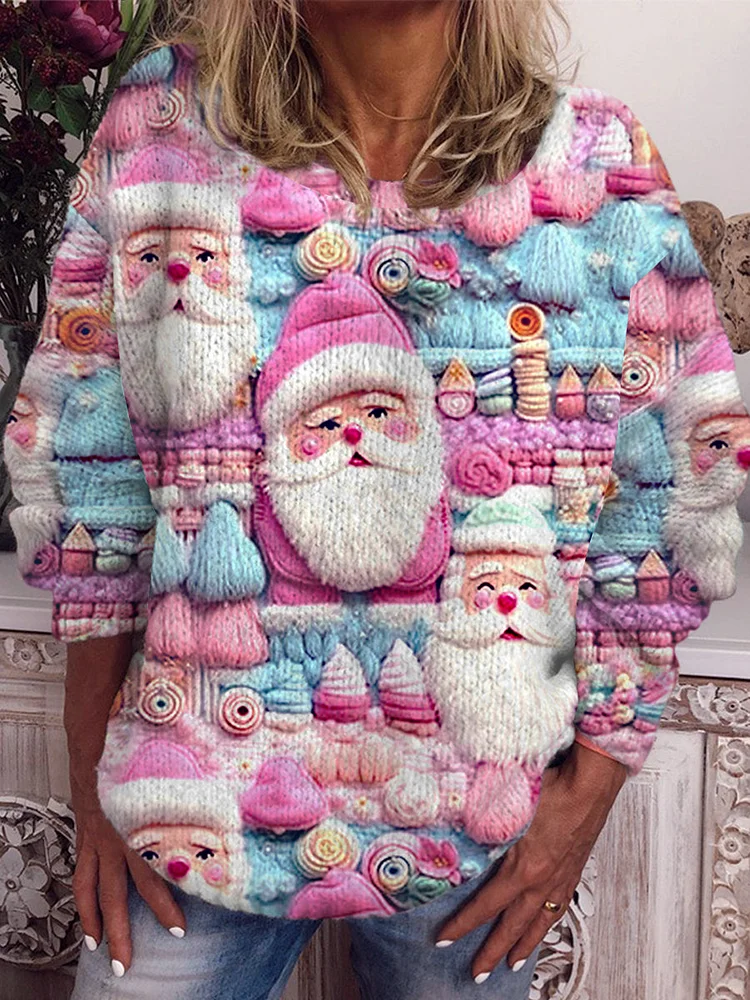 Damen Weihnachten rosa dekorativ 3D gedruckt Rundhals Langarm Alltags mode Strick pullover