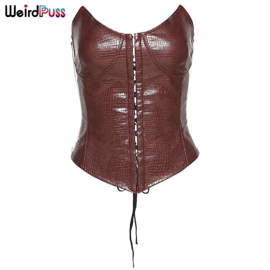 Weird Puss Women PU Sexy Faux Leather Corset Tops Y2K Drawstring Bandage Party Clubwear Backless Skinny Slim Fashion Streetwear