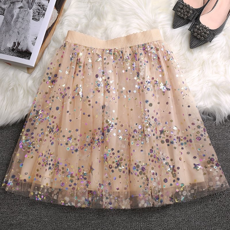 Casual Beige Sequins tulle Elastic Waist Skirts Summer CK719- Fabulory