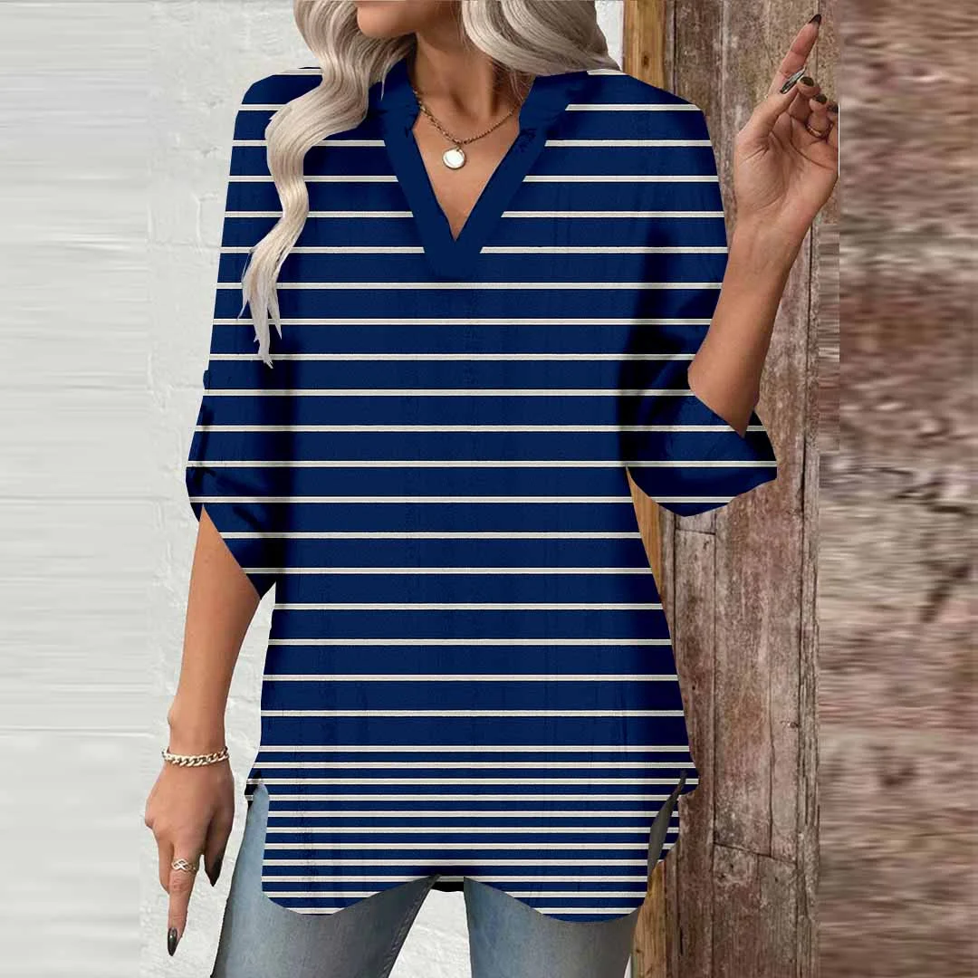 Women Stripes,Geometric,Blue DZGA0297 3/4 Sleeve V-neck Printed Graphic Button Tops