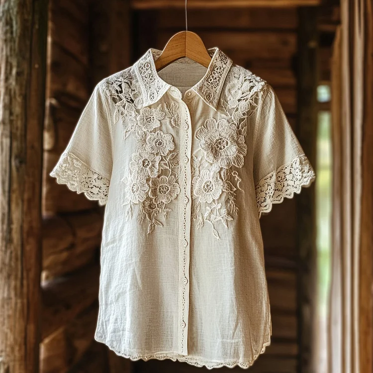 Women's Retro Floral Lace Embroidery Art Shirt