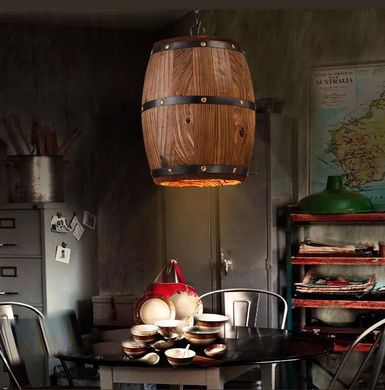 Pendant Lights Lamp Shade, Industrial Vintage Wood Barrel Retro Pendant Lamp Light For Bar Shop Cafe Dining Room Decor