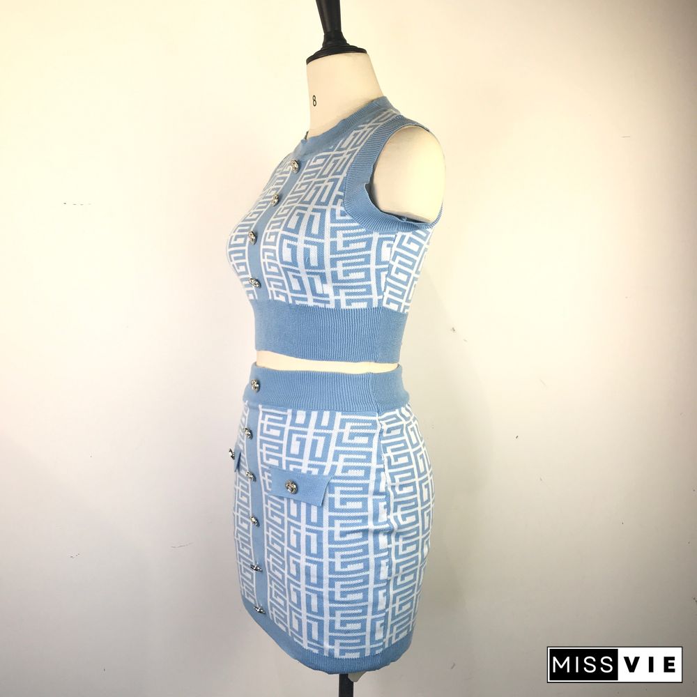 Geometric Knitted Vest Crop Tops Two Piece Skirt Sets