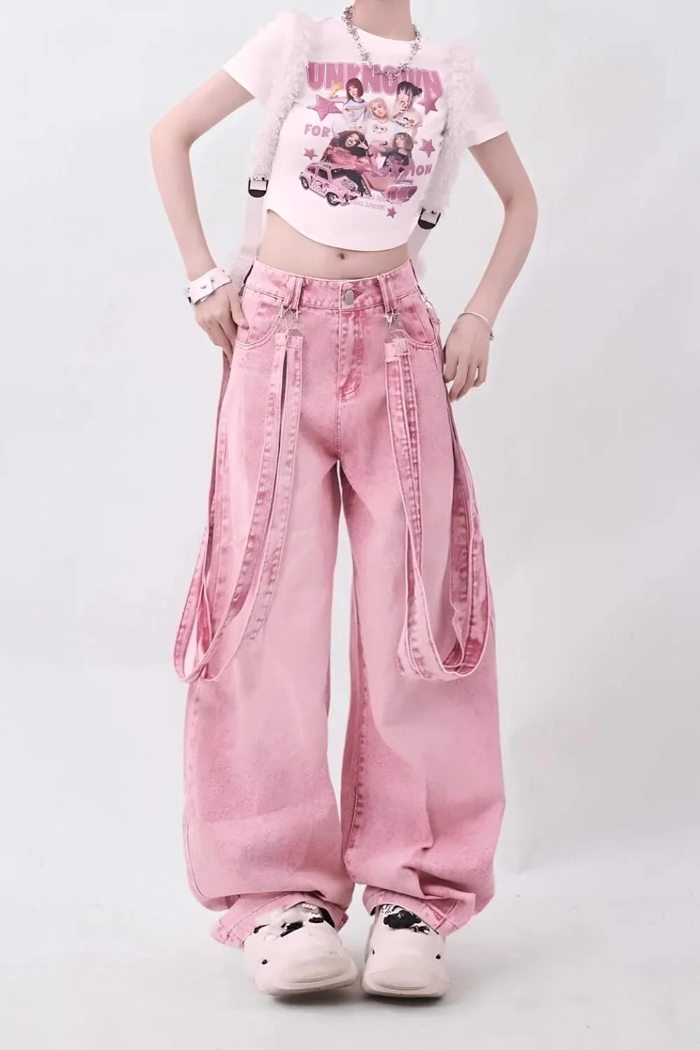 Brownm Soft Girl Double Belted Baggy Jeans