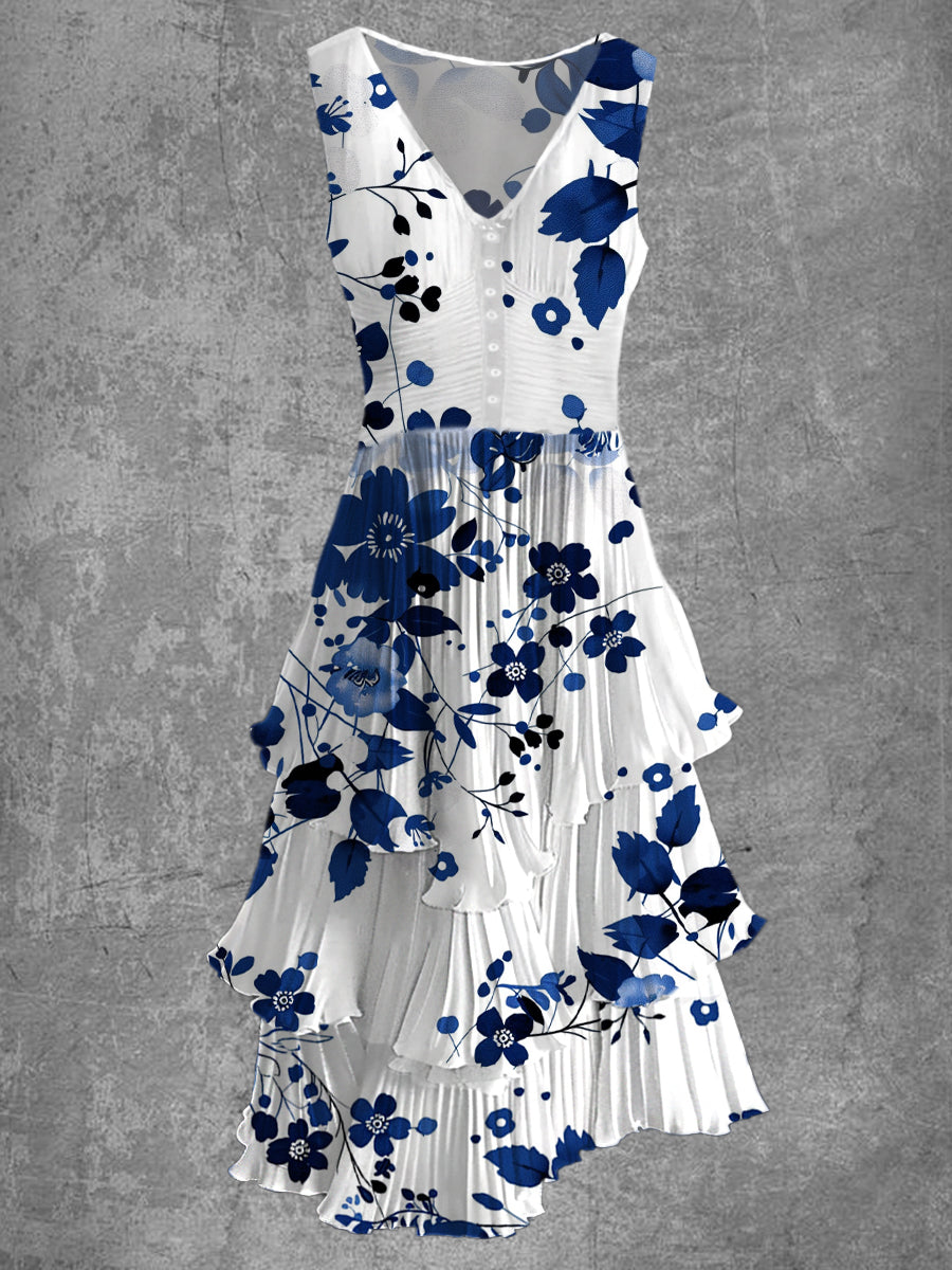 Floral Print Sleeveless V Neck Button Up Retro Midi Dress