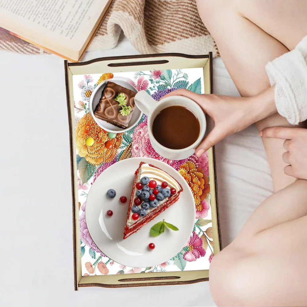 5D DIY Flower-Bird Diamond Painting Serving Tray with Handle for Coffee Table