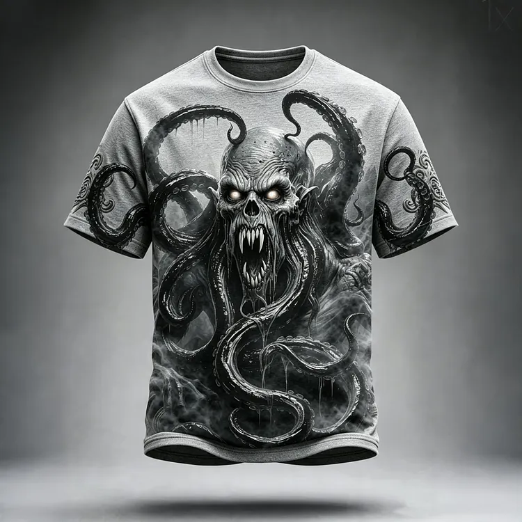 Men's Retro Halloween Octopus Skull Print Short-sleeve T-shirt