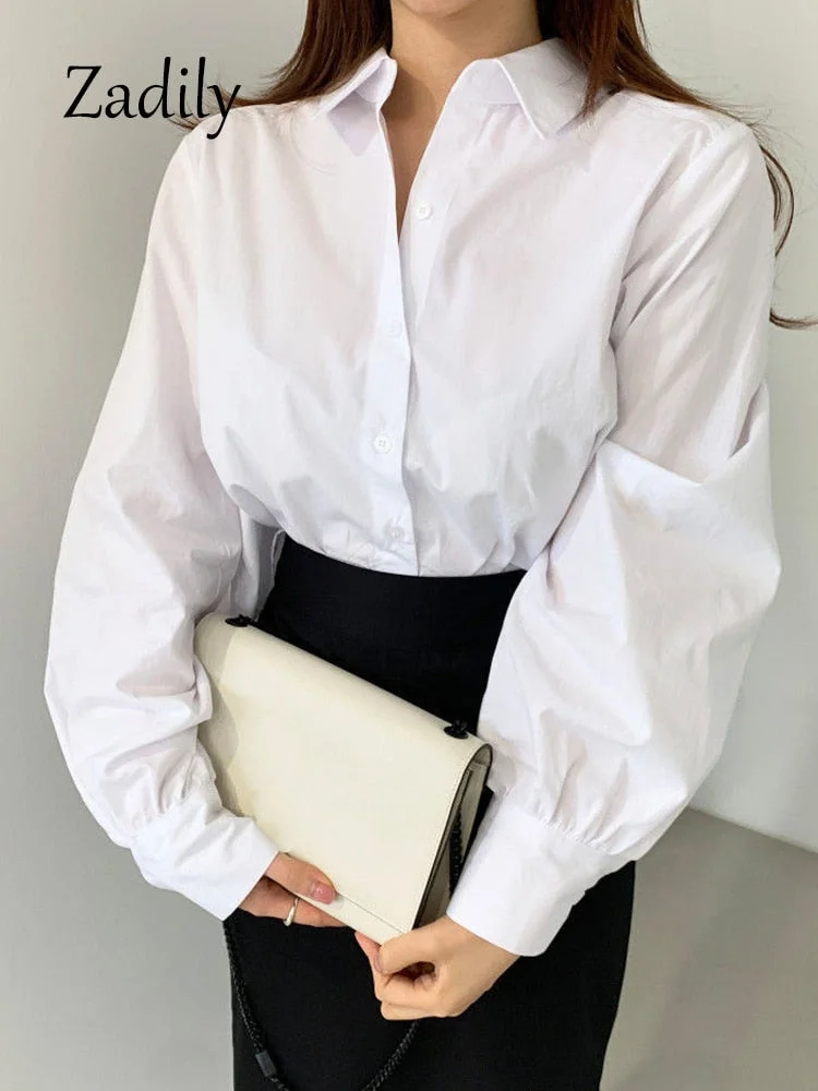 Huibahe 2023 Summer Office Lady Long Shirt Women White Crop Shirt Korea Style Button Up Folds Solid Woman Blouse Work Female Tops