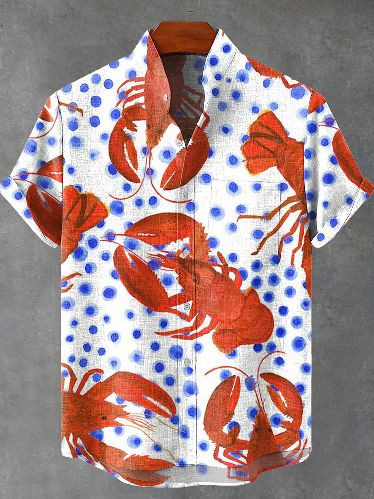 Men's Blue Dot Red Lobster Vintage Print Casual Linen Blend Shirt