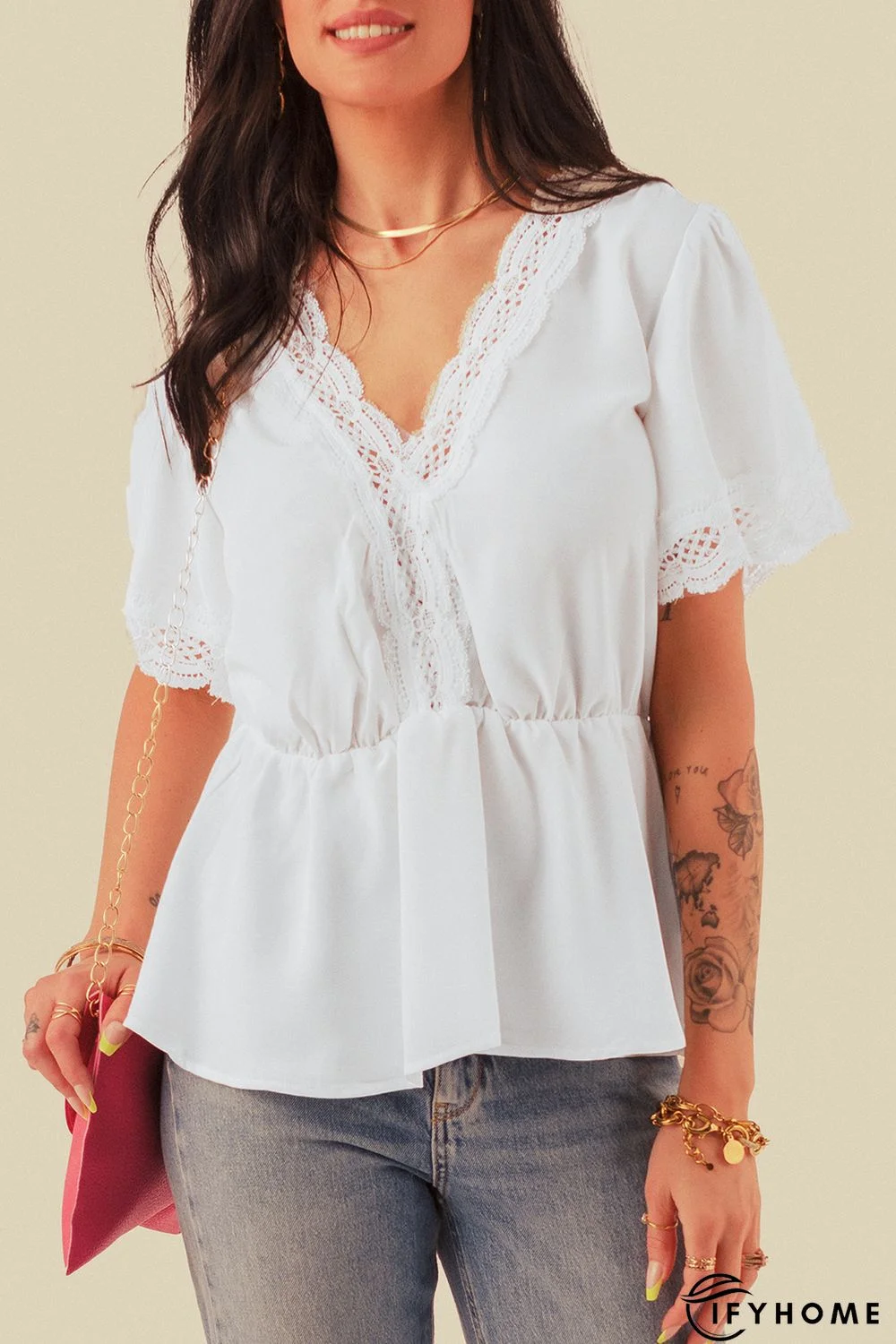 White Lace Splicing V Neck Short Sleeve Blouse | IFYHOME