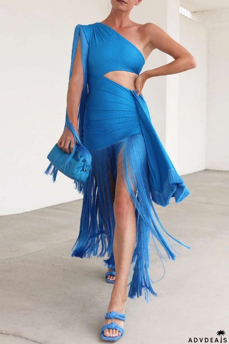 Sexy Solid Color Fringed Trim Hollow Out Backless Oblique Collar Irregular Dresses