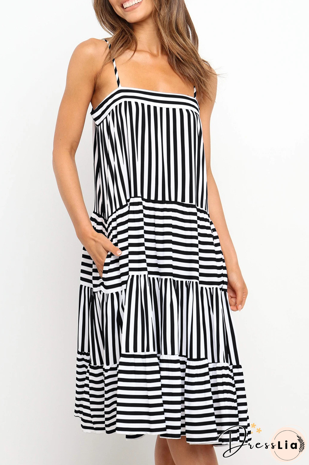 Casual Striped Spaghetti Strap Cake Skirt Dresses(4 Colors)