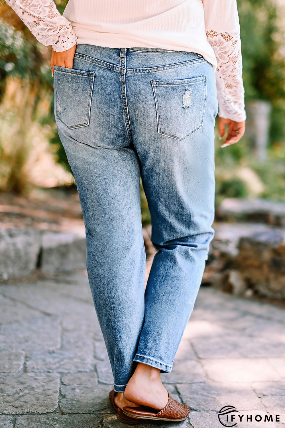 Blue Plus Size Distressed Slit Vintage Jeans | IFYHOME