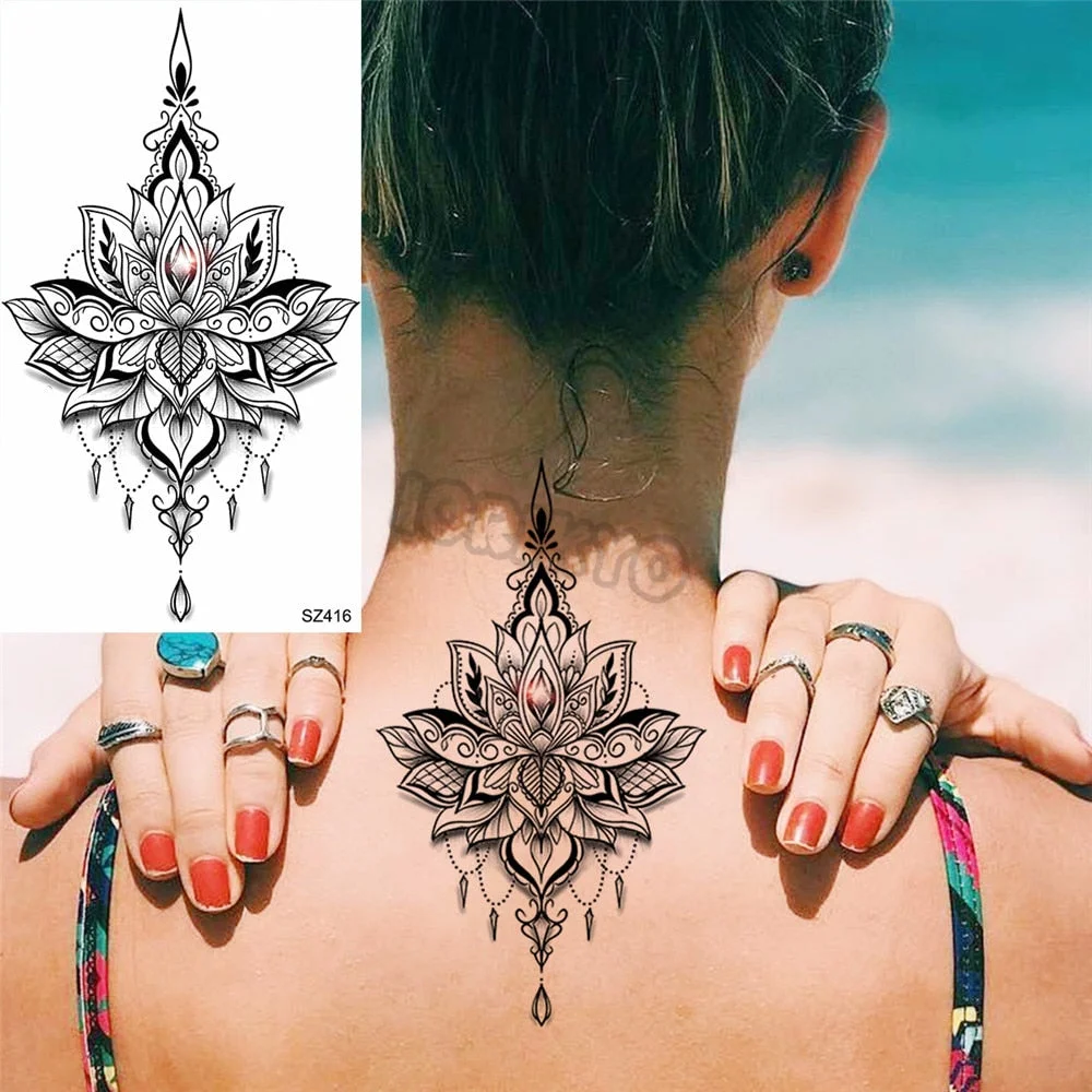 Black Pencil Sketch Henna Lotus Temporary Tattoos For Women Girls Realistic Planet Dandelion Fake Tattoo Sticker Back Arm Tatoos