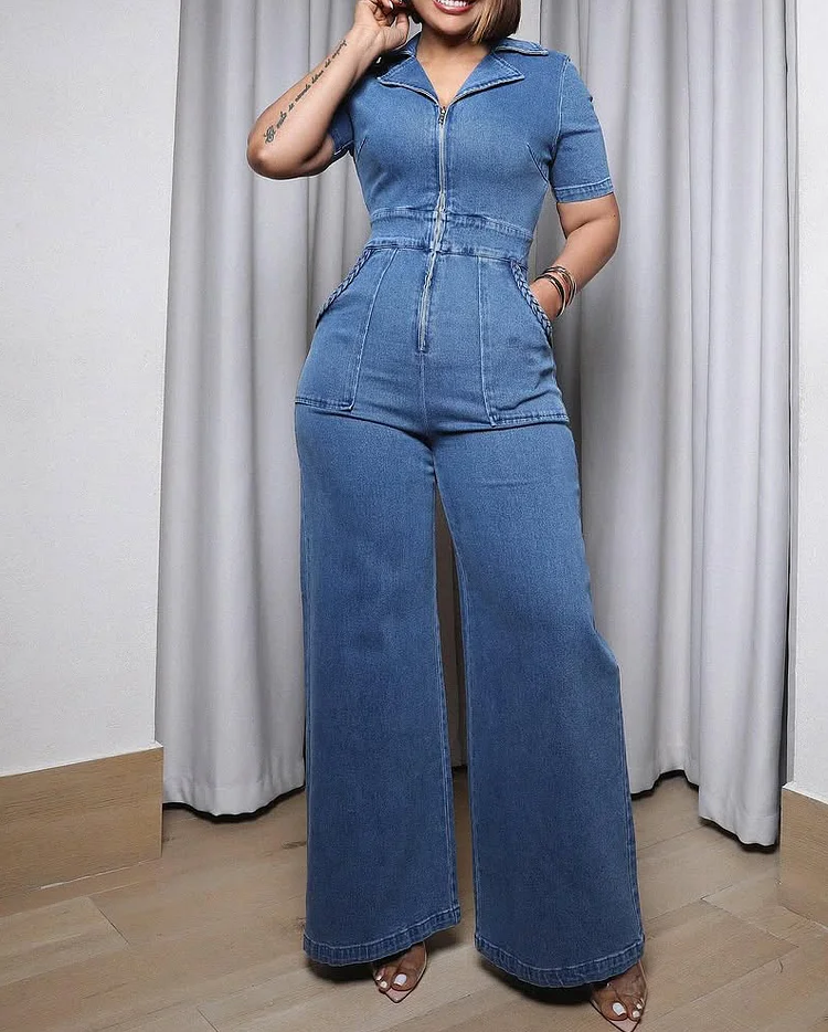 Women's Casual Short Sleeve Loose Straight Leg Demin Jumpsuits with Pockets