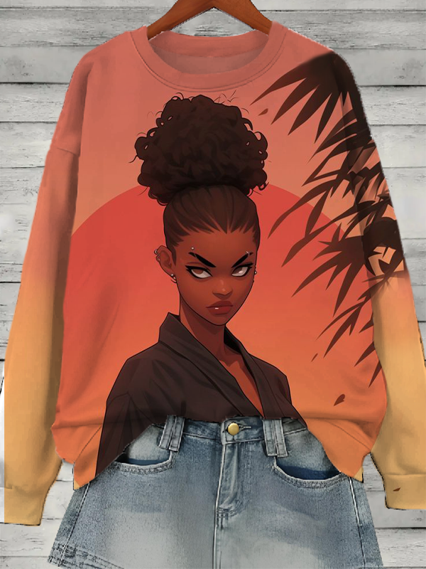 Women's Kimono Black Woman Japanese Art Print Casual Sweatshirt