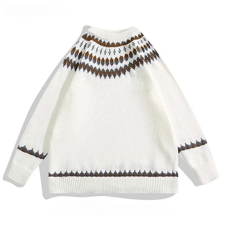 Traceeye Men and Women Retro Contrast Color Jacquard Sweaters Autumn Winter Japanese Literary Lazy Style Loose Casual Couple Knitwear