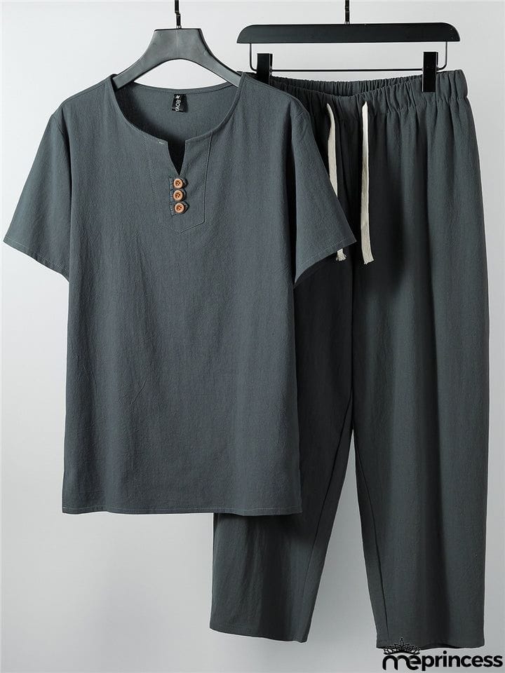 Laid-Back Style Notched Neck Button Detailing Soft Cotton Set T-Shirt + Drawstring Pants