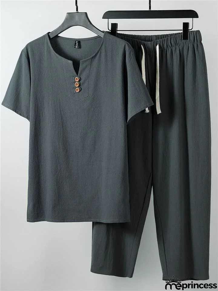Laid-Back Style Notched Neck Button Detailing Soft Cotton Set T-Shirt + Drawstring Pants