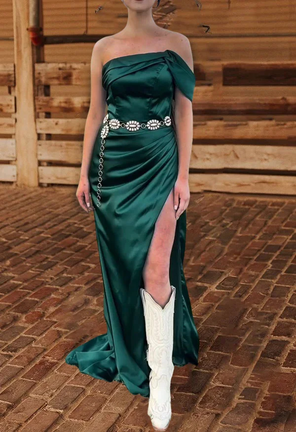 Asymmetrical Neckline Thigh-slit Satin Dress