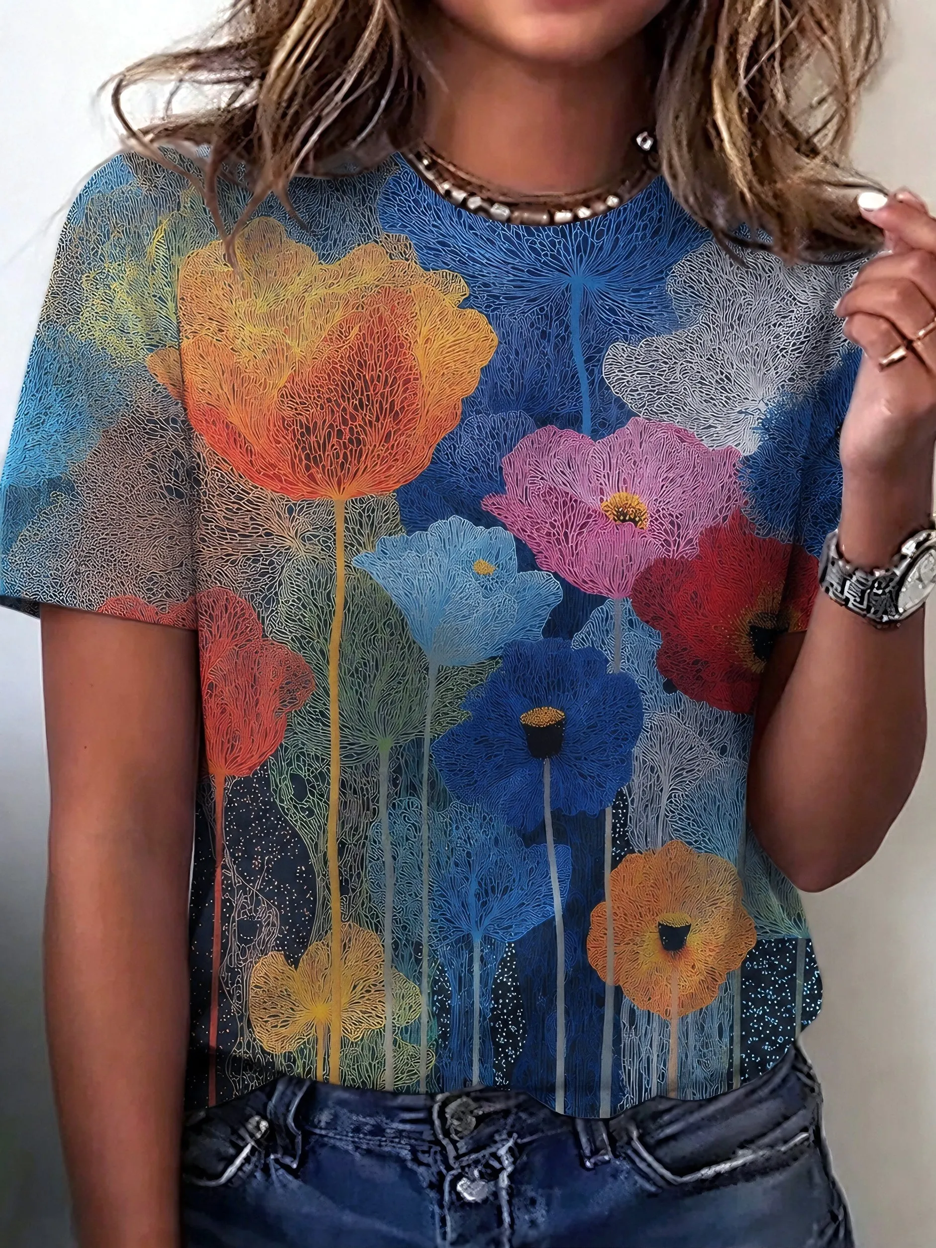 Comstylish Women's Retro Japanese Art Floral Print Cotton Linen T-shirt