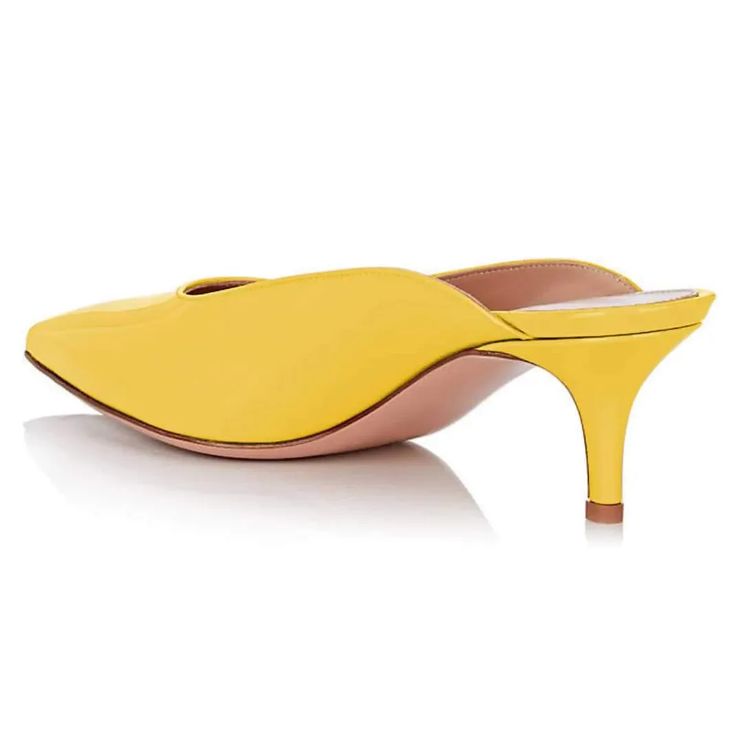 YDN Casual Yellow Patent Leather Pointed Toe Slip-On Mule Heels