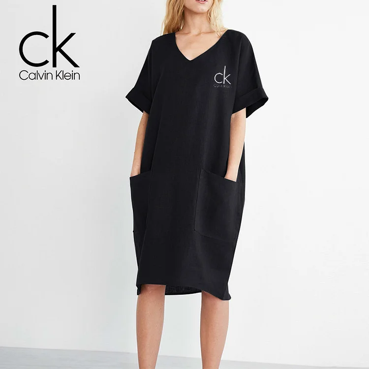2025 CalvinKlein nové letní dámské kapesní šaty s krátkým rukávem a výstřihem do V