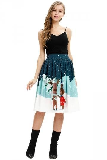 High Waisted Cute Reindeer Print Christmas Pleated Skirt Turquoise - Shop Trendy Women's Clothing | LoverChic