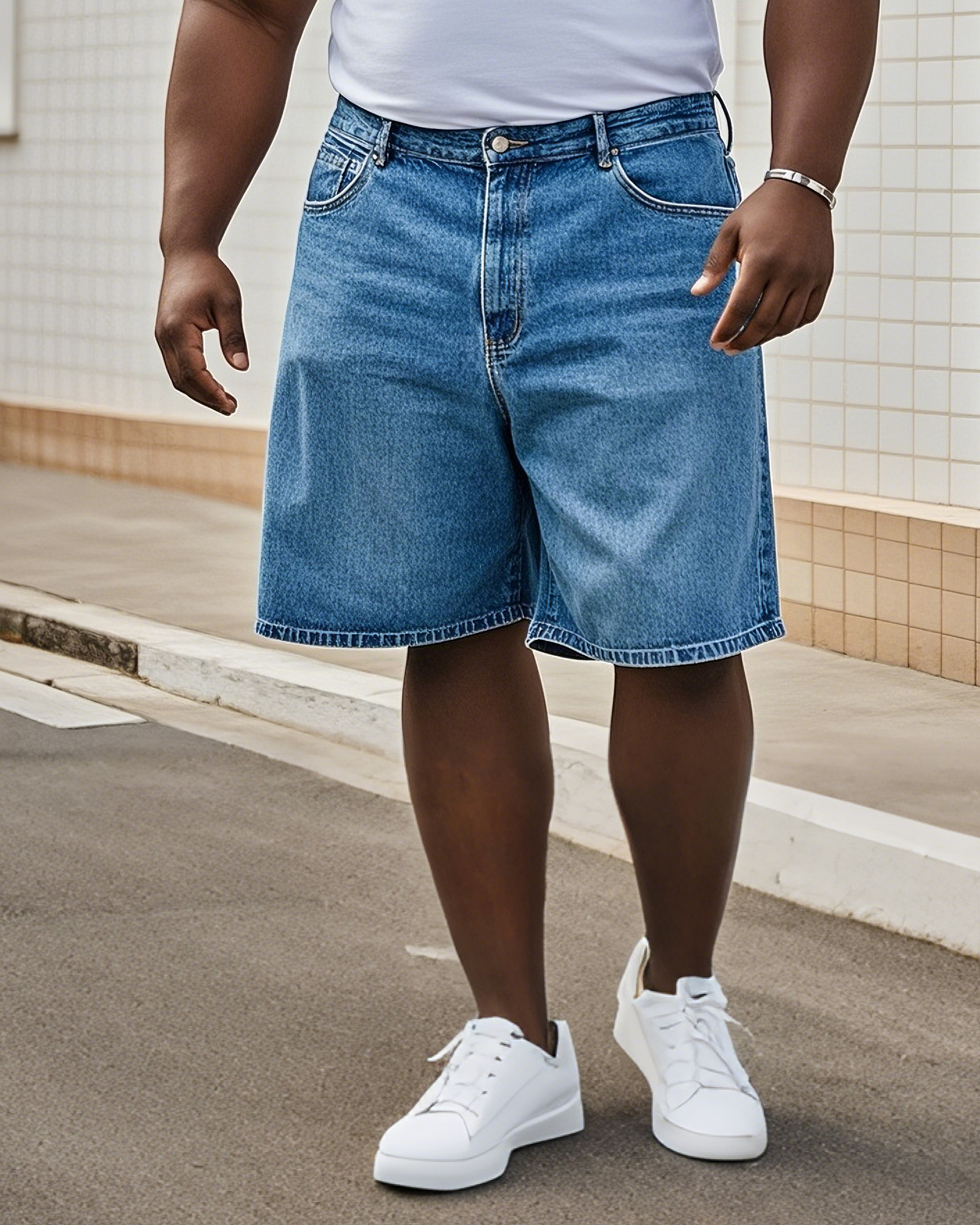 Plus Size Men's Daily Casual All-match Washing Water Pure Blue Denim Shorts
