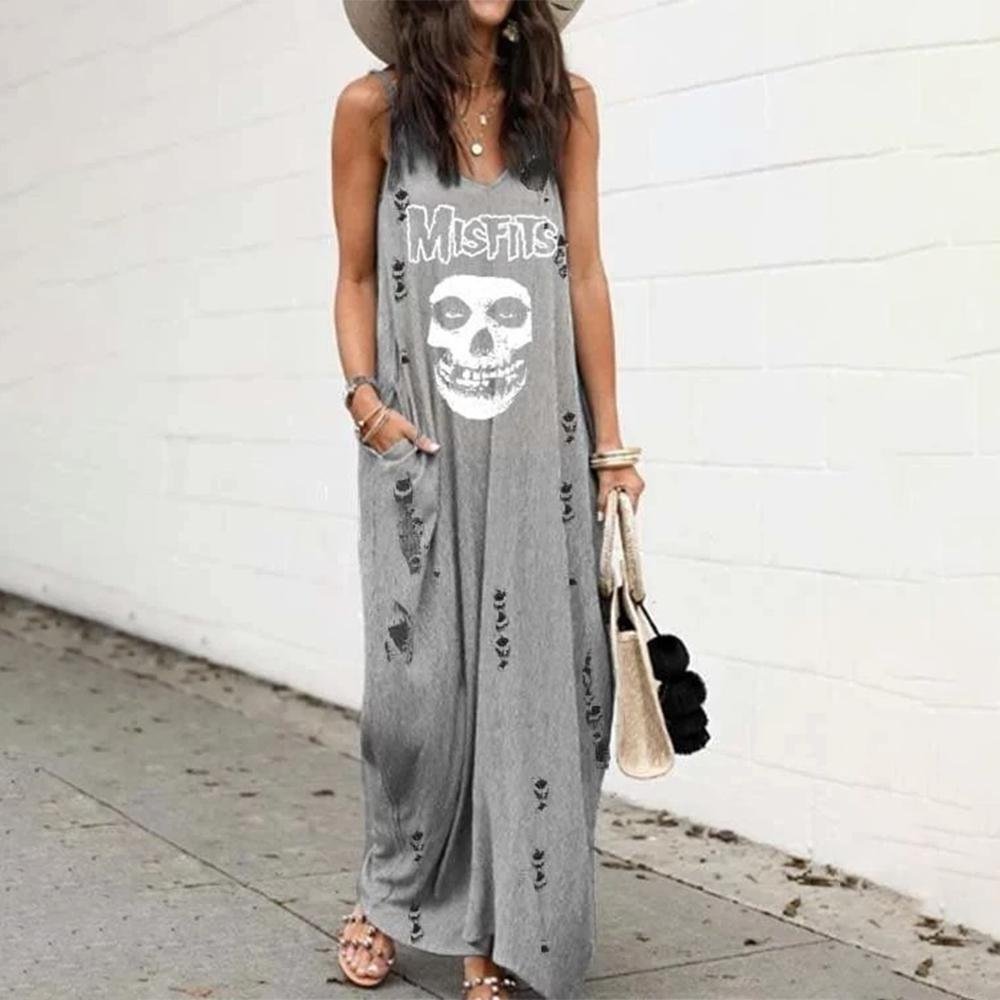 Fashion V-Neck Sleeveless Printed Ripped Loose Maxi Dress | EGEMISS