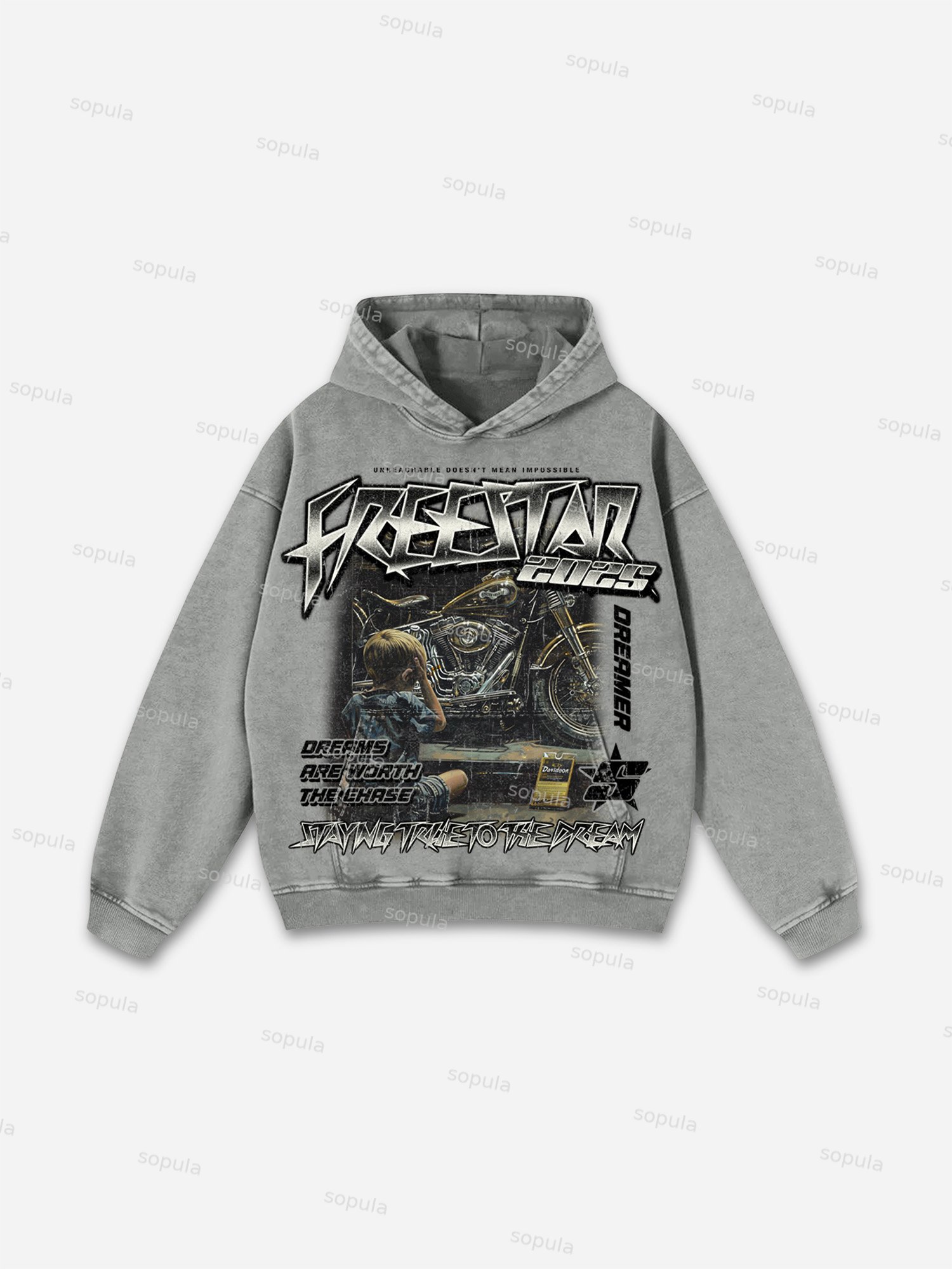 Free Star Chase The Dream Do-over Vintage Biker Graphic Washed Hoodie - Sopula｜Premium Graphic Tees & Graphic Clothing