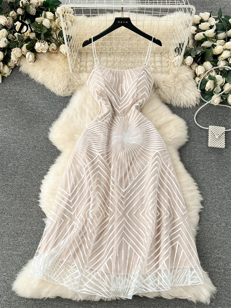 Huibahe Fashion Temperament Long Dress Spaghetti Strap Sleeveless Design Female Solid Senior Embroidery Mesh Party Dress