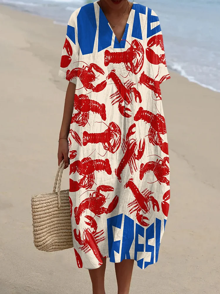 Fresh Lobster Art Casual V-Neck Midi Dress
