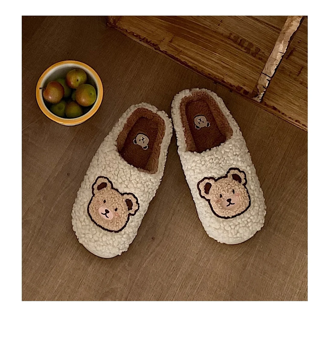 2022 Winter Women Slipper Lovely Bear Cartoon Plush Cotton Home Slippers Female Indoor Household Anti-Skid Thick Bottom Slipper