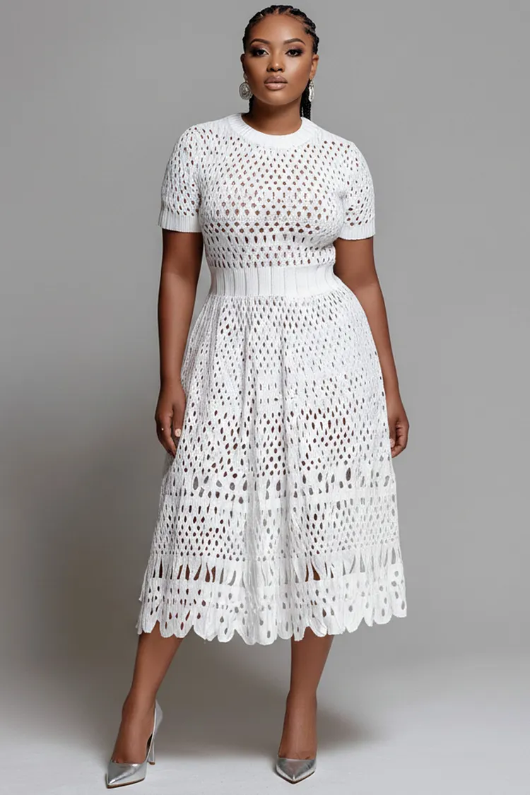 Xpluswear Design Plus Size Vacation White Round Neck Short Sleeve Cut Out Midi Dresses [Pre-Order] 2024 - Xpluswear