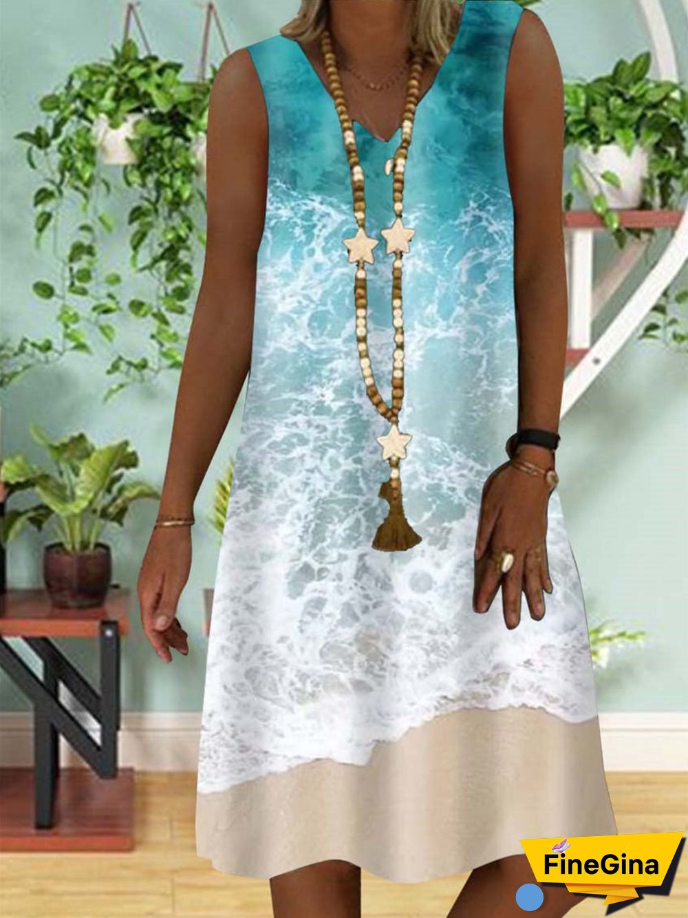 Women's Loosen Vacation Sleeveless V-neck Printed Midi Dress