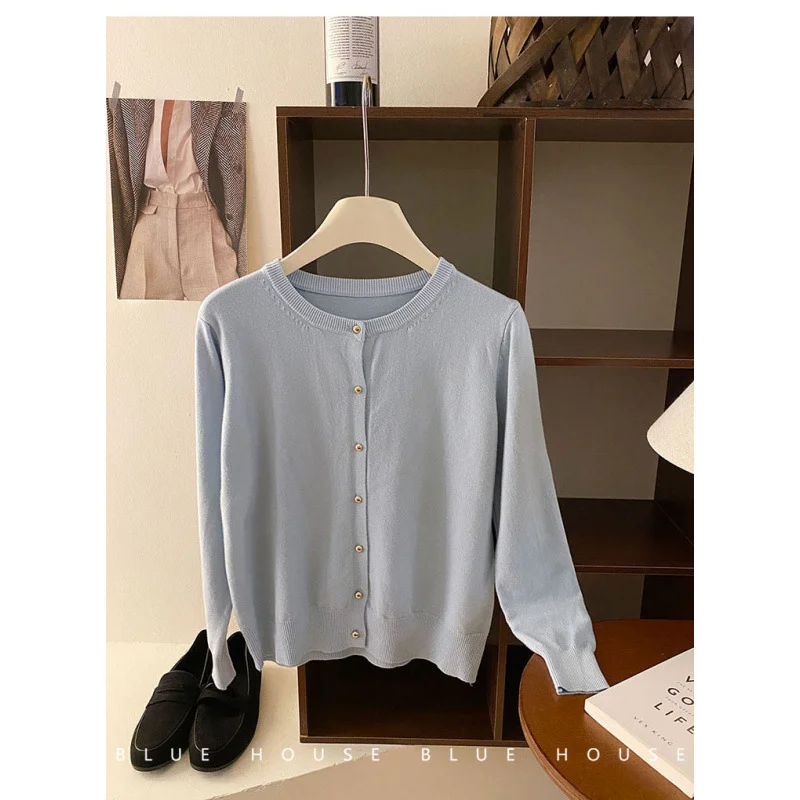 Uveng Uveng Style Gentle Retro Small Gold Button Net Version Long-Sleeved Knitted Shirt Women Autumn Collar Soft Glutinous Sweater Coat