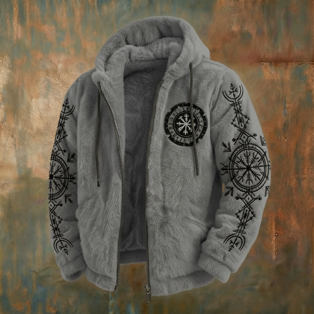 Men's Viking Tribal Jacquard Celtic With Crows & Wolves Inspired Plush Warm Zipped Hooded Jacket elevenforest