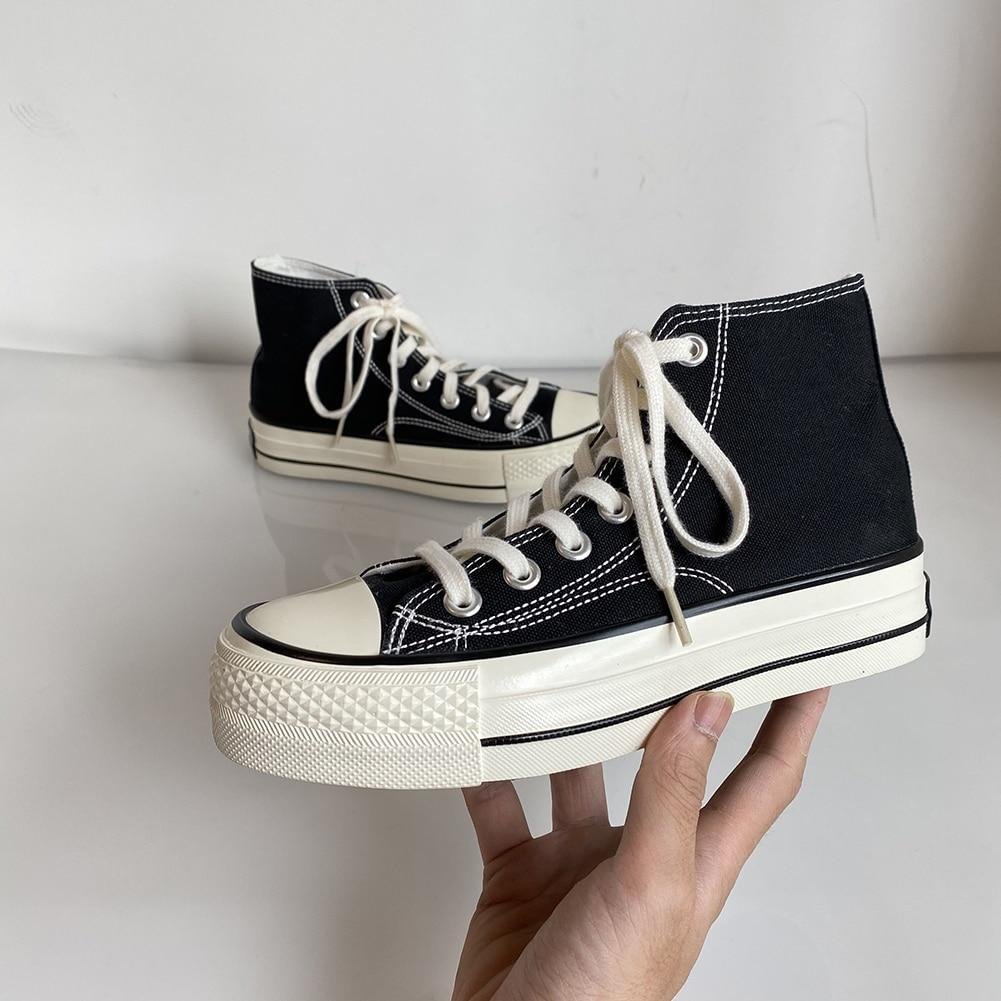 High-top 4cm Platform Canvas Women Shoes Retro Lace-up Ladies Casual Sneakers Outdoor Breathable Leisure Footwear Real Pictures 1023-1