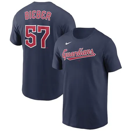 Men's Cleveland Guardians #57 Shane Bieber  Navy Name & Number T-Shirt