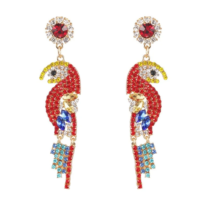 Dvacaman Bohemian Cute Fashion Animal Parrot Bird Drop Earrings Women Shiny Rhinestone Fringed Statement Tassel Earrings Jewelry