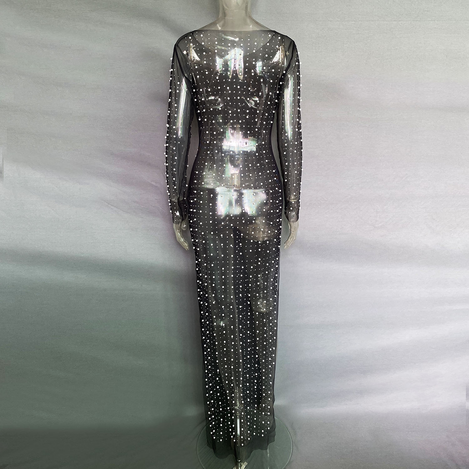 Ootddress Pearls See-Through Long Sleeve Cover-Ups Holiday Beach Diamond Decoration Women Beach dress Elegant Split Solid Cover-Ups