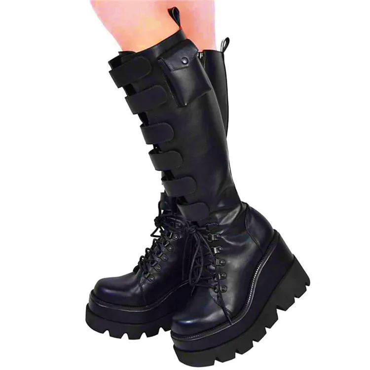 Big Size 43 INS brand lady punk thigh high boots platform buckle wedges thick bottom women boots stylish cool street shoes woman