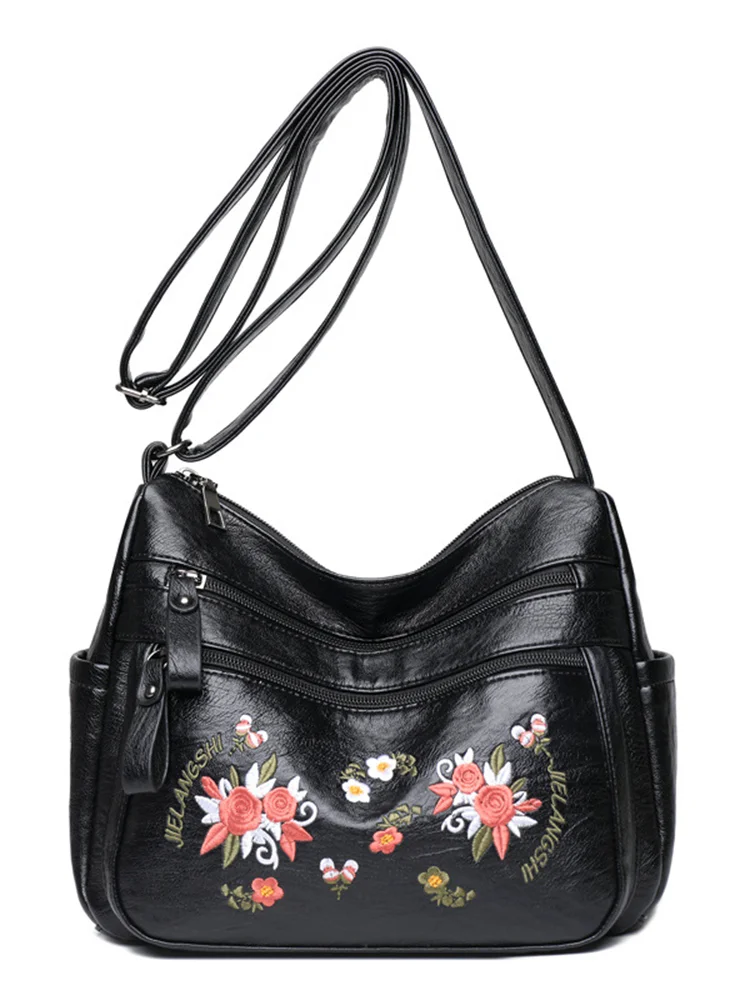 Floral Embroidered Soft Leather Crossbody Bag