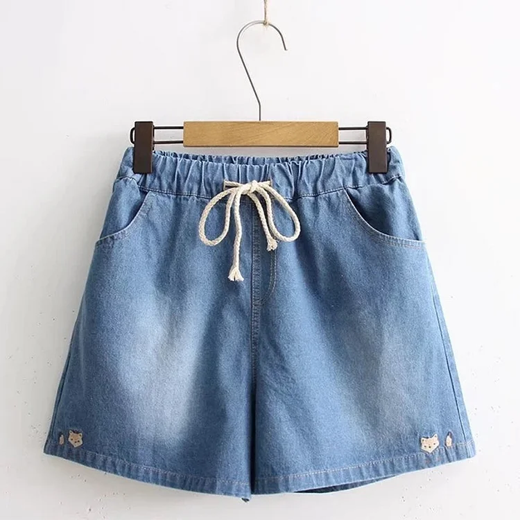 Fox Embroidery Denim Cotton Shorts